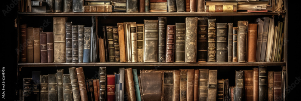 Old books on wooden bookshelves in a library. Generative AI Old books on wooden bookshelves in a library. Generative AI
