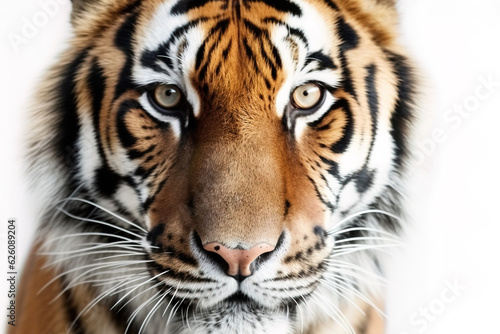 Close-up portrait of a beautiful  serene adult tiger looking directly at the camera on a white background. Studio photograph  with a white background that can be easily cut out