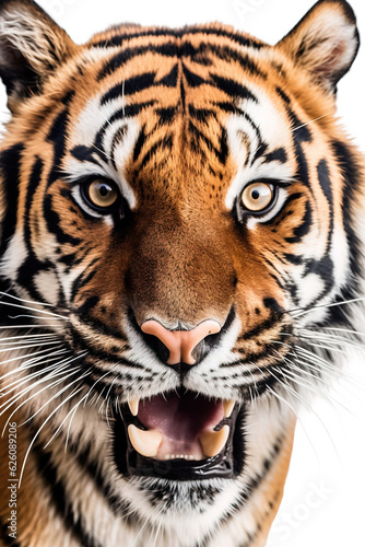Close-up portrait of a tiger looking directly at the camera while growling  showing its teeth with an open mouth. Studio shot on a white background