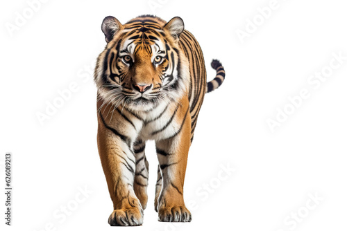 Full-body photograph of an adult tiger walking on a white background. Can be easily cut out on a white background