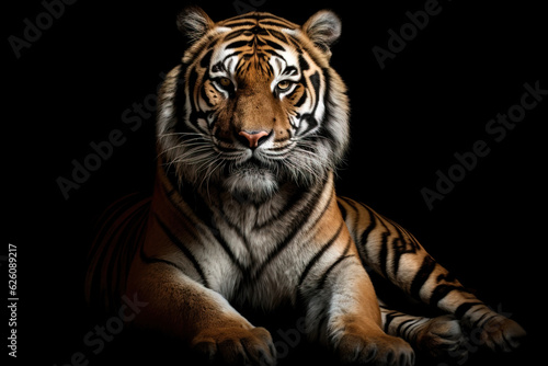 Very serene tiger lying down  resting and looking at the camera. Studio shot on a black background