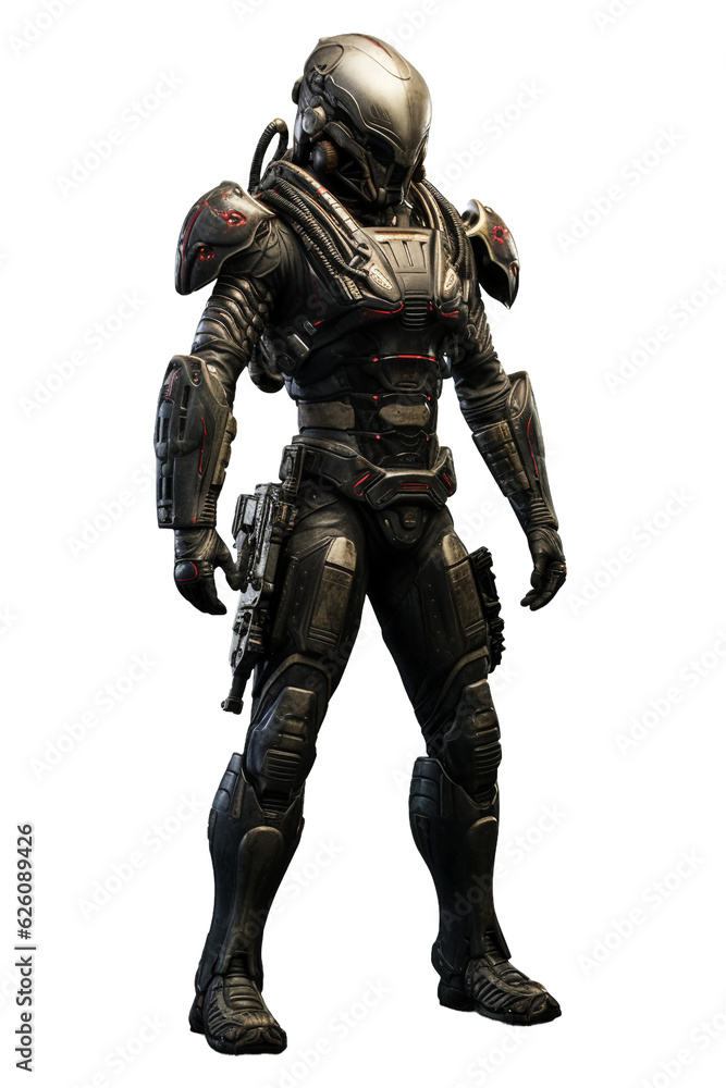 Alien soldier with energy helmet. isolated object, transparent background