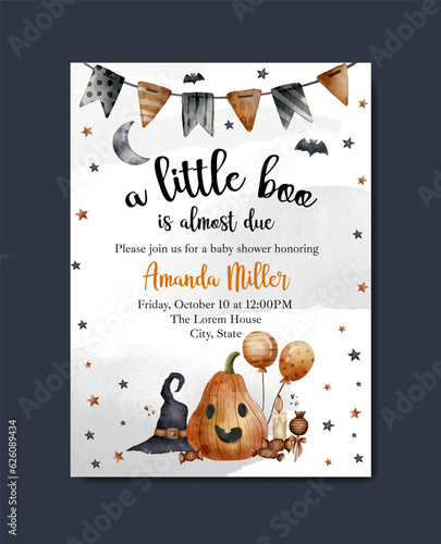 Baby shower invitation card with halloween theme watercolor template background