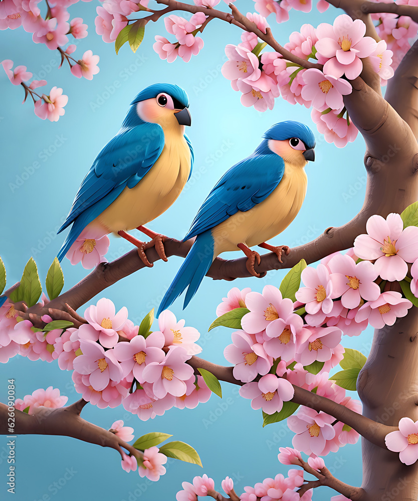 A painting of two cute birds seating on a branch with pink flowers, AI Generated.