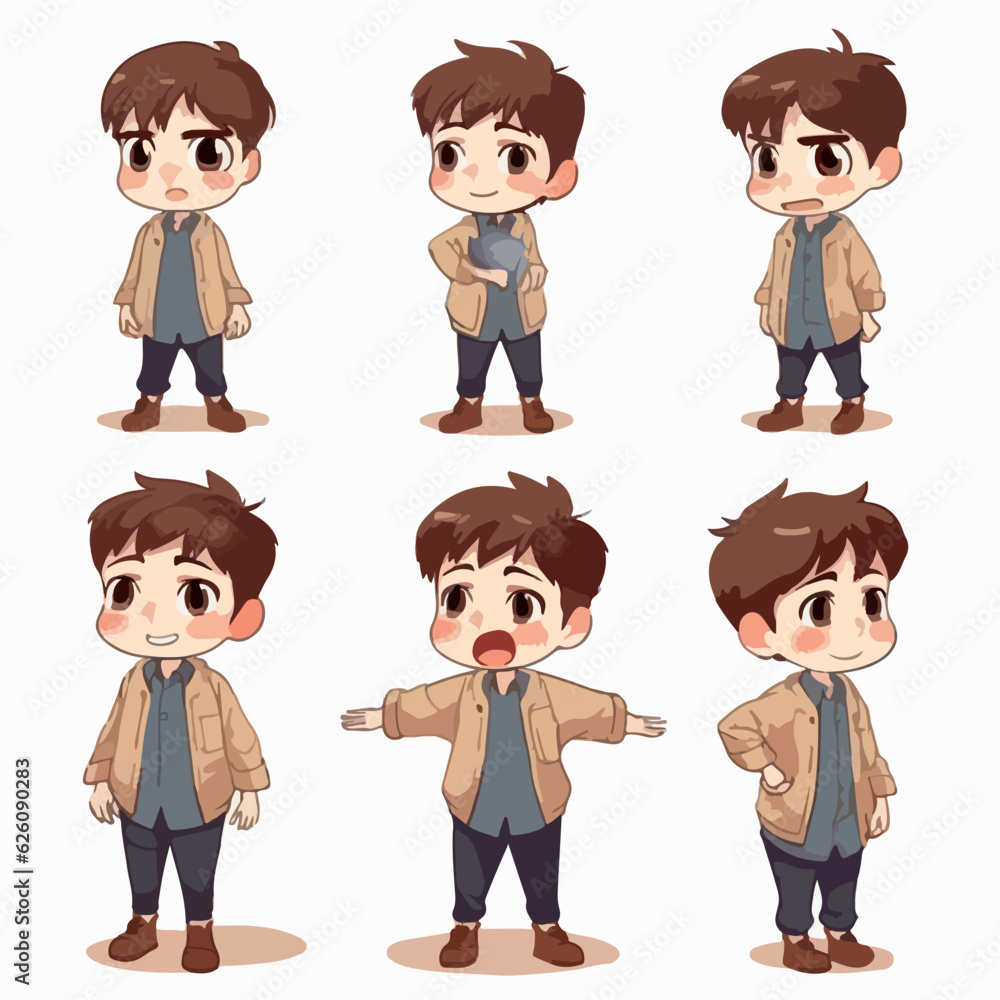 Fototapeta premium Boy kid in brown outfit, vector cartoon.