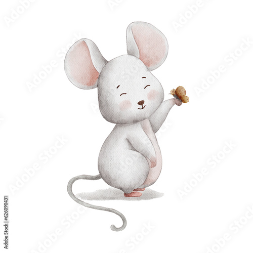 cute white mouse and butterfly watercolor illustration clipart