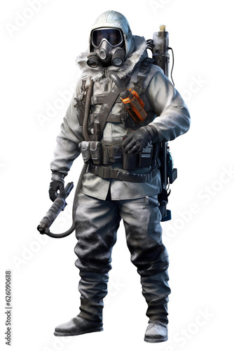 Arctic explorer with thermal mask and gear full body . isolated object, transparent background