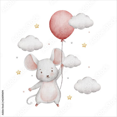 cute white mouse and balloon watercolor illustration clipart