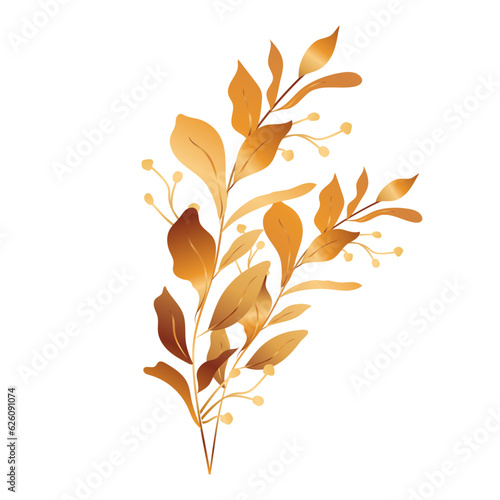 Vector hand drawn golden leaves ornament on white isolated