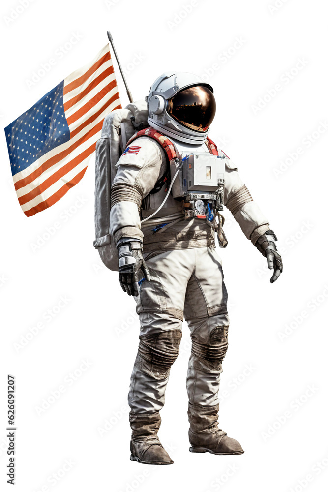 Astronaut with helmet holding a space flag full body . isolated object, transparent background