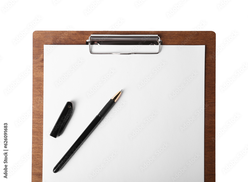 Wooden clipboard with sheet of paper and pen isolated on white, top view Wooden clipboard with sheet of paper and pen isolated on white, top view