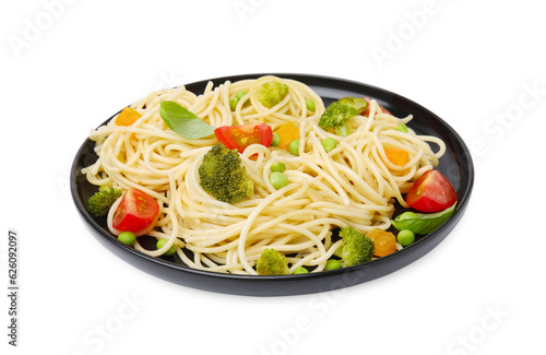 Plate of delicious pasta primavera isolated on white