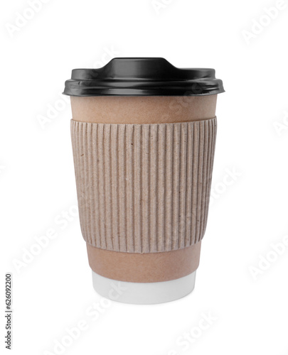 Paper cup with plastic lid isolated on white. Coffee to go