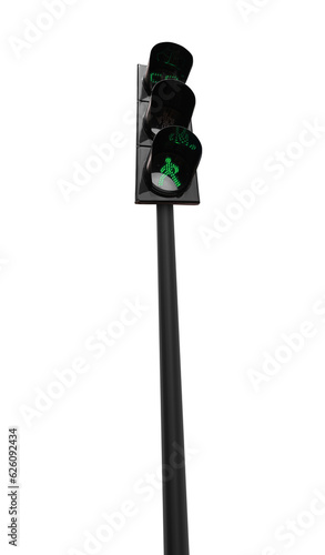 Traffic light with pedestrian signals and pole on white background, low angle view
