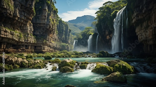 Waterfall Between High Cliffs Accompanied by Natural Wonders"