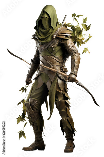 Elf ranger with woodland camouflage mask full body. isolated object, transparent background