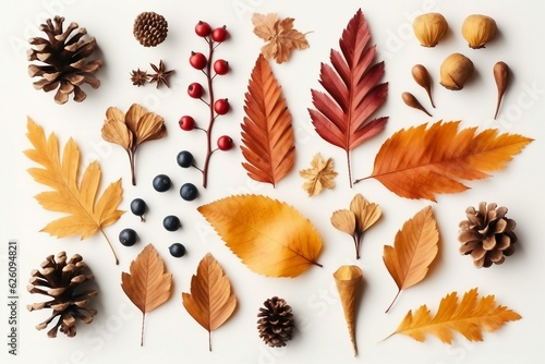 Autumn composition. Pattern made of dried leaves, flowers, berries on white background. Autumn, fall, thanksgiving day concept. created generative ai.