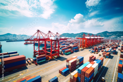 Large busy container terminal and harbor with international trade, commerce, industry, logistics, and transport, mirroring global economic activities, view from above.