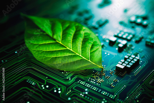 Green leaf on computer circuit board, eco-friendly technology, sustainable computing, environment conservation