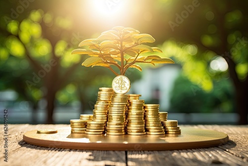 Foto The public park displays a concept of business investment and real estate loans, with a blue vintage wood board featuring stacked gold coins alongside a tree growing on top and a wooden home model