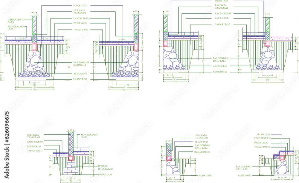 Vector illustration sketch of detailed architectural technical design for a simple residential house foundation