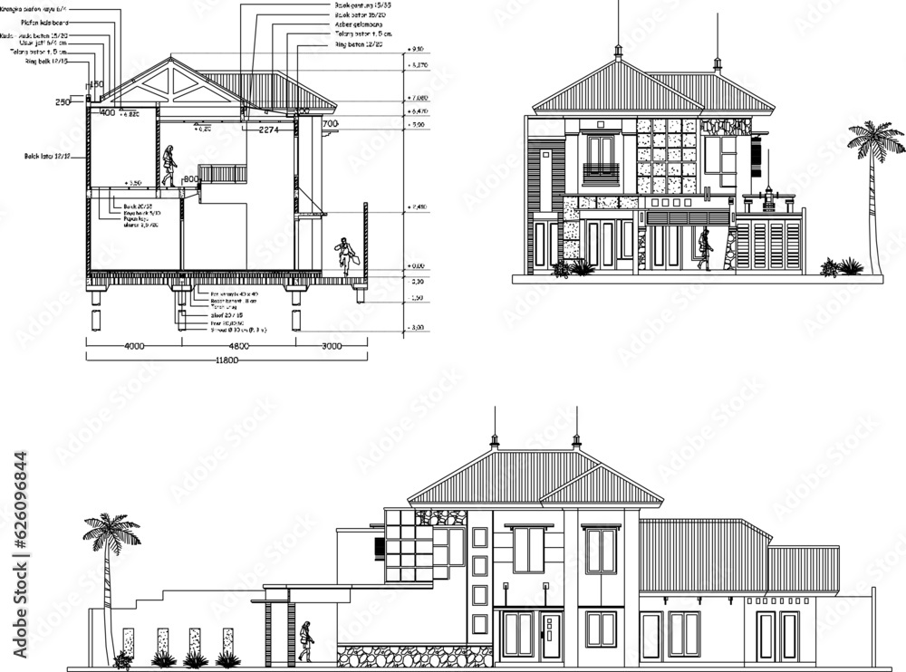 Vector sketch illustration of modern classic residential architecture technical design details