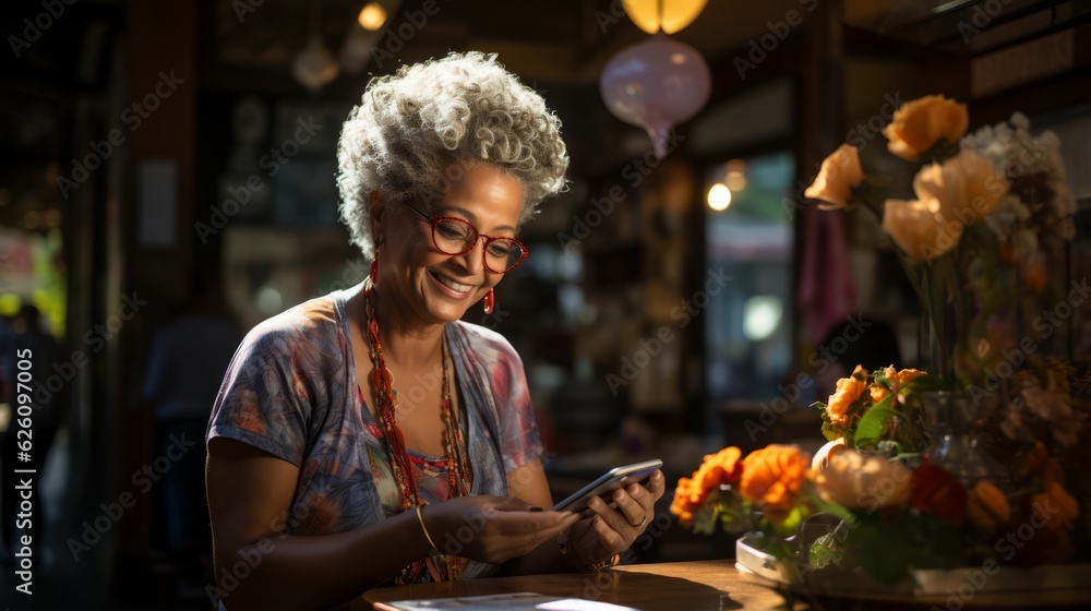 An African American woman at a cafe using a smart phone. Generative AI. An African American woman at a cafe using a smart phone. Generative AI.