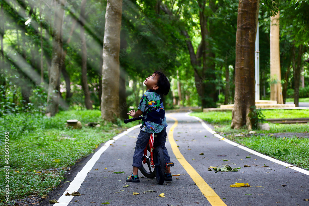 Fototapeta premium Boy riding bike on dirt path in the park