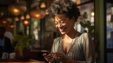 An African American woman at a cafe using a smart phone. Generative AI. 