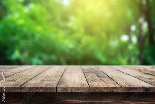 wooden board with green nature background © waranyu