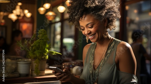 An African American woman at a cafe using a smart phone. Generative AI. 