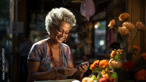 An African American woman at a cafe using a smart phone. Generative AI. 