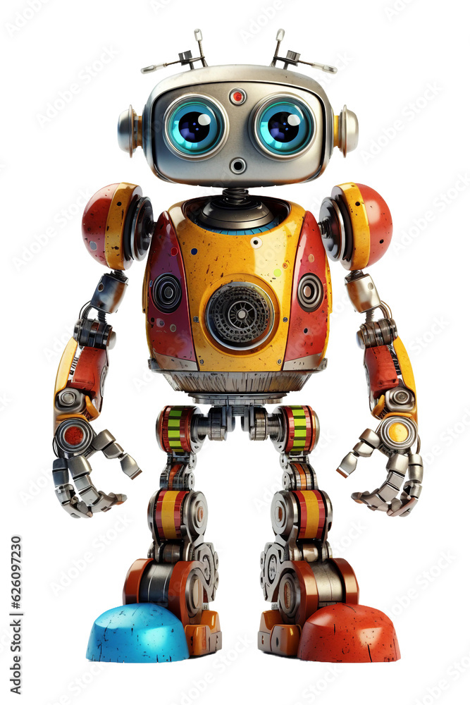 Loveable bipedal robot with colorful buttons. isolated object, transparent background Loveable bipedal robot with colorful buttons. isolated object, transparent background