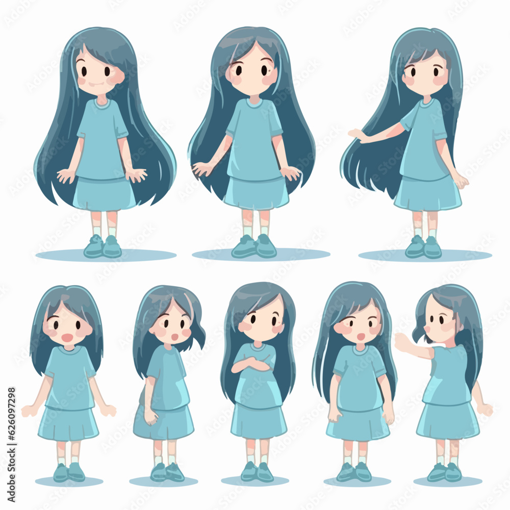 Cartoon illustration of a girl child in blue clothing.