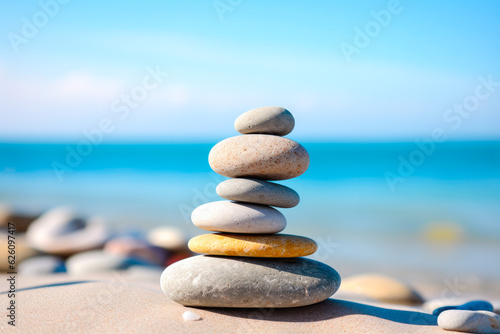 Pile of smooth stones stacked on a pebbly beach, symbolizing balance and stability, with the ocean backdrop