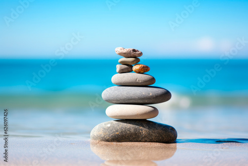Pile of smooth stones stacked on a pebbly beach  symbolizing balance and stability  with the ocean backdrop