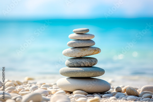 Pile of smooth stones stacked on a pebbly beach  symbolizing balance and stability  with the ocean backdrop