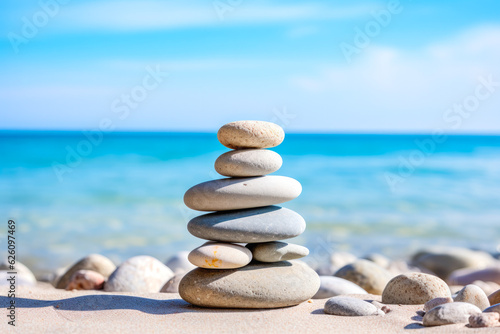 Pile of smooth stones stacked on a pebbly beach, symbolizing balance and stability, with the ocean backdrop