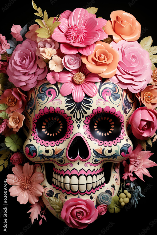 Illustration of a skull or human cranium with colorful flower decorations on a black background
