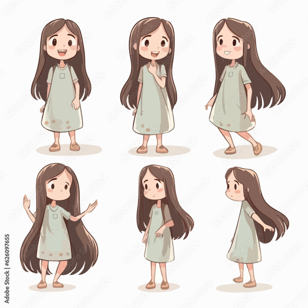 Vector illustration of a girl kid in white, multipose.