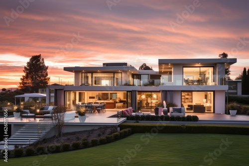 The new home looks stunning as the sun sets, displaying its captivating exterior. © 2rogan