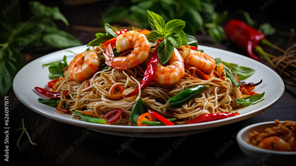 Stir-fry noodles with vegetables and prawns Stir-fry noodles with vegetables and prawns
