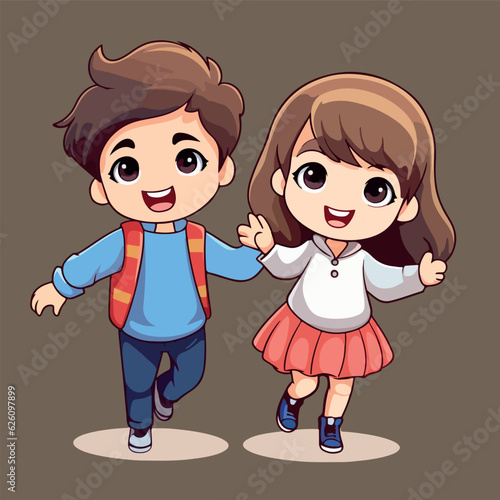 Cute children boy and girl happy cartoon vector illustration isolated