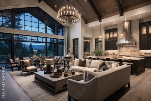 The new luxury home showcases a beautiful living room and kitchen designed in a traditional style. With its vaulted ceilings and exquisite furnishings, the space exudes elegance and charm. © 2rogan