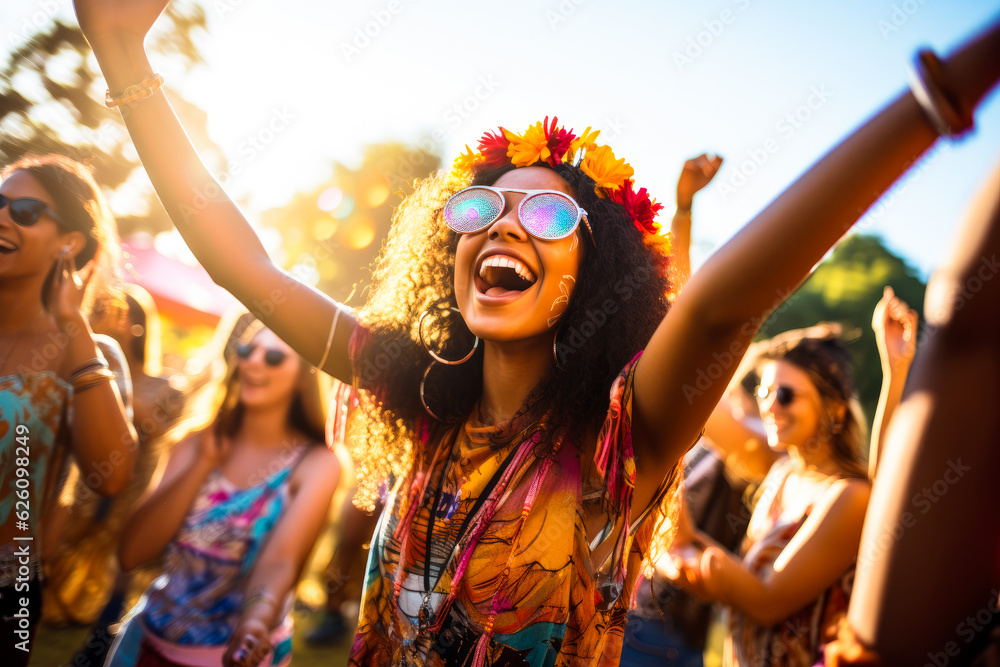 Obraz premium Epitomizing youth and fun. A diverse, energetic group of millennials dancing with joy and excitement at a lively music festival, with bright colors