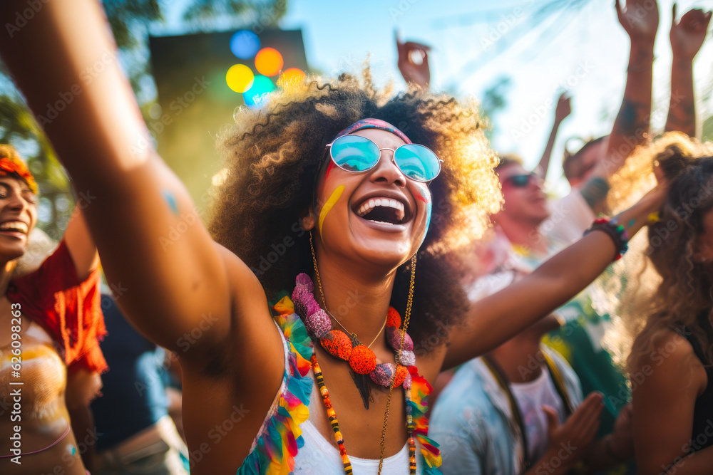 Obraz premium Epitomizing youth and fun. A diverse, energetic group of millennials dancing with joy and excitement at a lively music festival, with bright colors