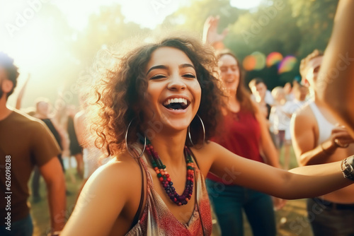 Epitomizing youth and fun. A diverse, energetic group of millennials dancing with joy and excitement at a lively music festival, with bright colors