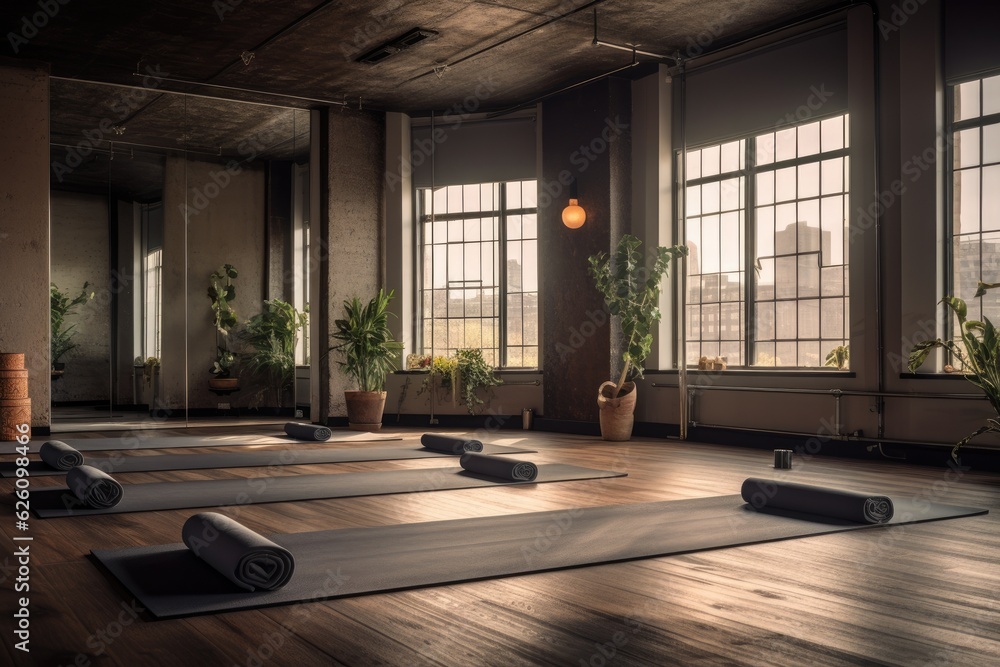 The room was furnished with a floor covered in a grey yoga mat that was not rolled up.