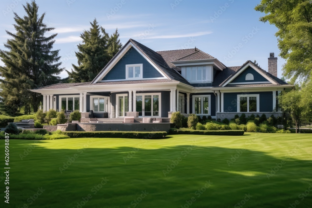 The newly constructed luxury home has an exquisite exterior, with a lovely yard adorned with lush green grass. A pathway guides you towards a beautifully detailed covered porch and the main entrance. The newly constructed luxury home has an exquisite exterior, with a lovely yard adorned with lush green grass. A pathway guides you towards a beautifully detailed covered porch and the main entrance.