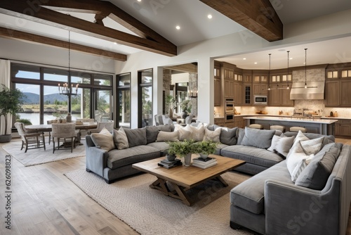 The newly built home features an attractive and roomy open floor plan  with a classy interior design and concrete flooring. The ceilings are adorned with wooden beams  adding a touch of traditional
